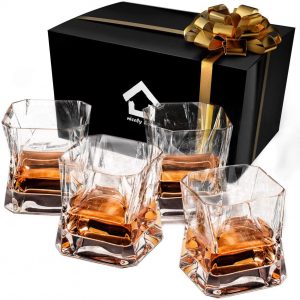 Luxury spirit Set of 2 Bourbon Unique Tumblers for Drinking Scotch Bar set Double Wall Whiskey Glasses set+FREE Sphere Ice Ball Mold x2 for whisky glasses set Liquor Brandy 