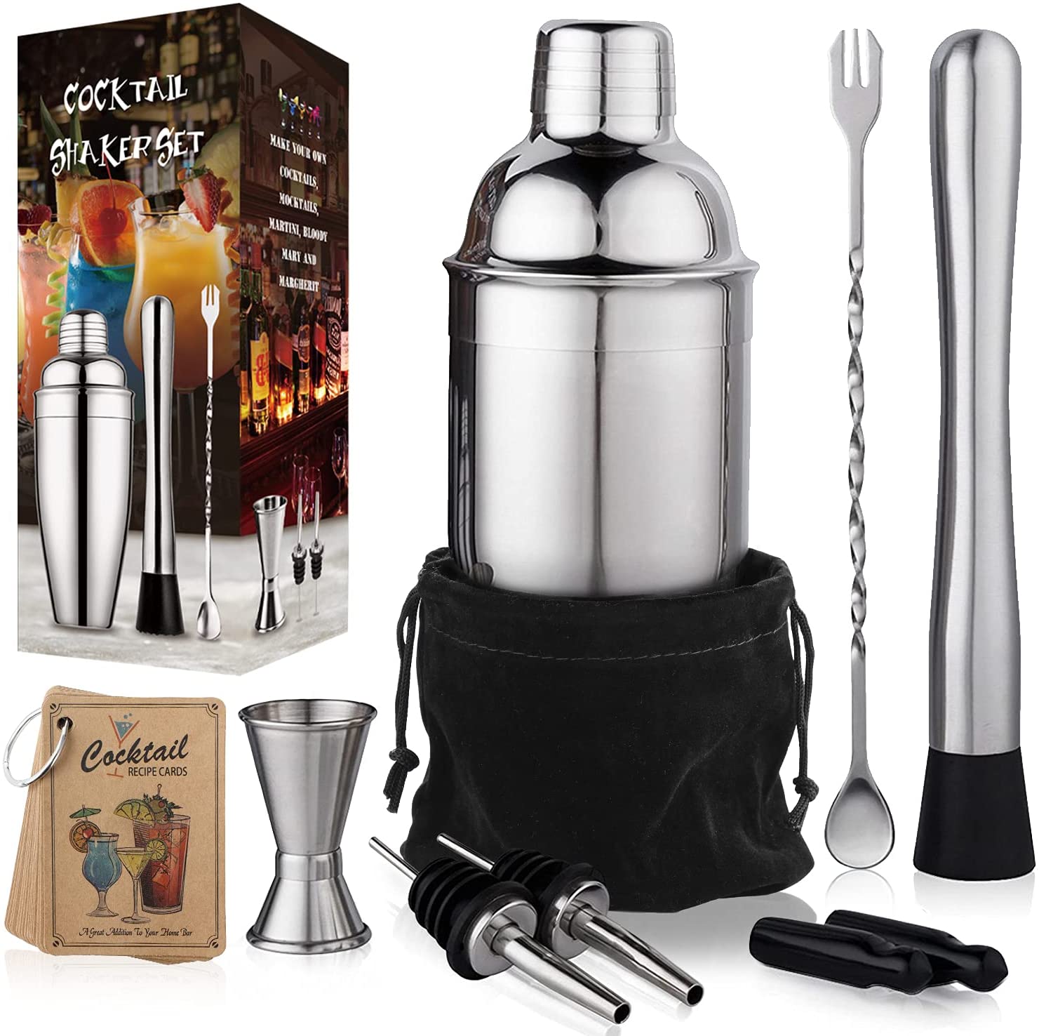 24 oz Cocktail Set Bartender Kit by Aozita, Stainless Steel Martini Shaker, Mixing Spoon, Muddler, Measuring Jigger, Liquor Pourers with Dust Caps and Manual of Recipes, Professional Bar Tools – King