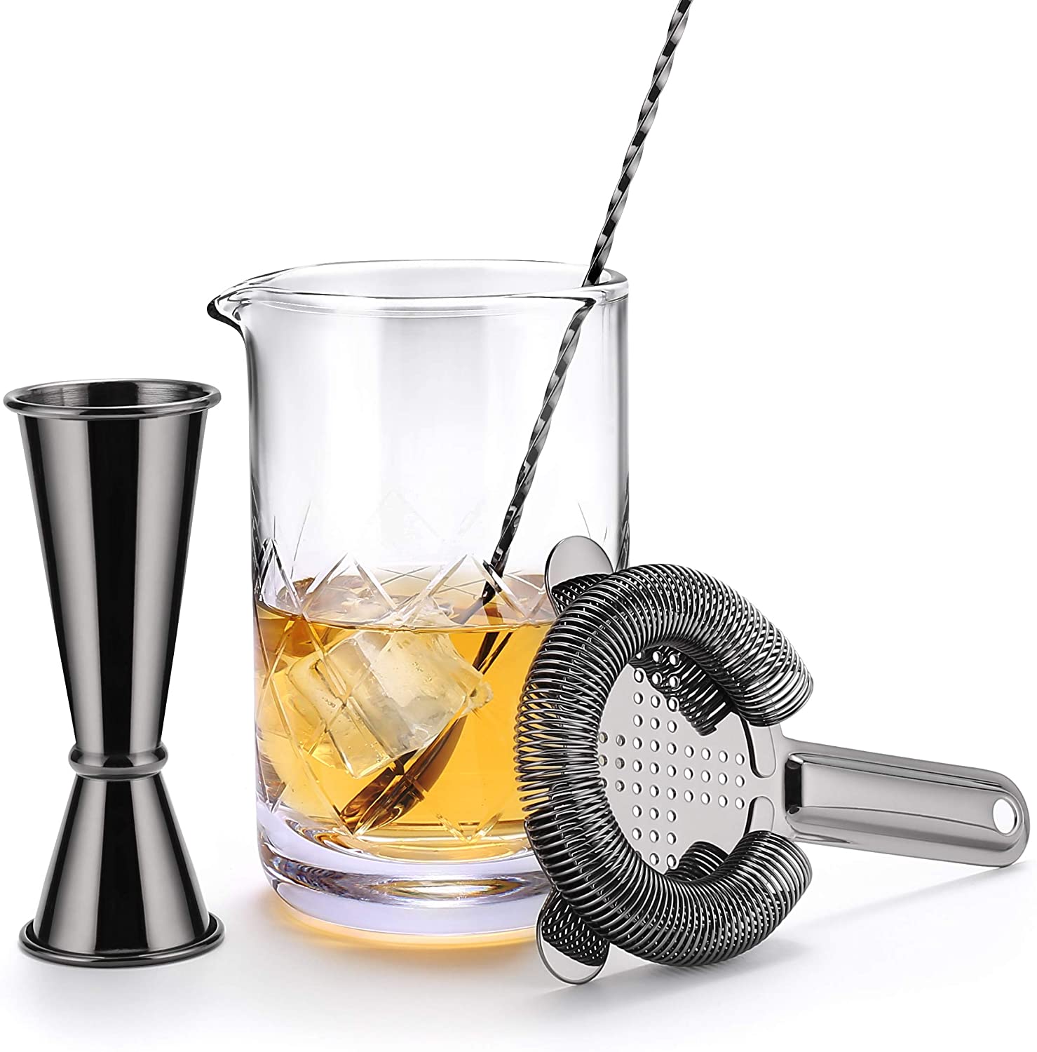 Crystal Cocktail Mixing Glass Bar Gift Set/Bartender Kit : 18oz Cocktail  Shaker with Weighted Thick Bottom,12'' Mixing Spoon, Hawthorne Strainer &  Japanese Jigger, Cocktail Accessories – King International