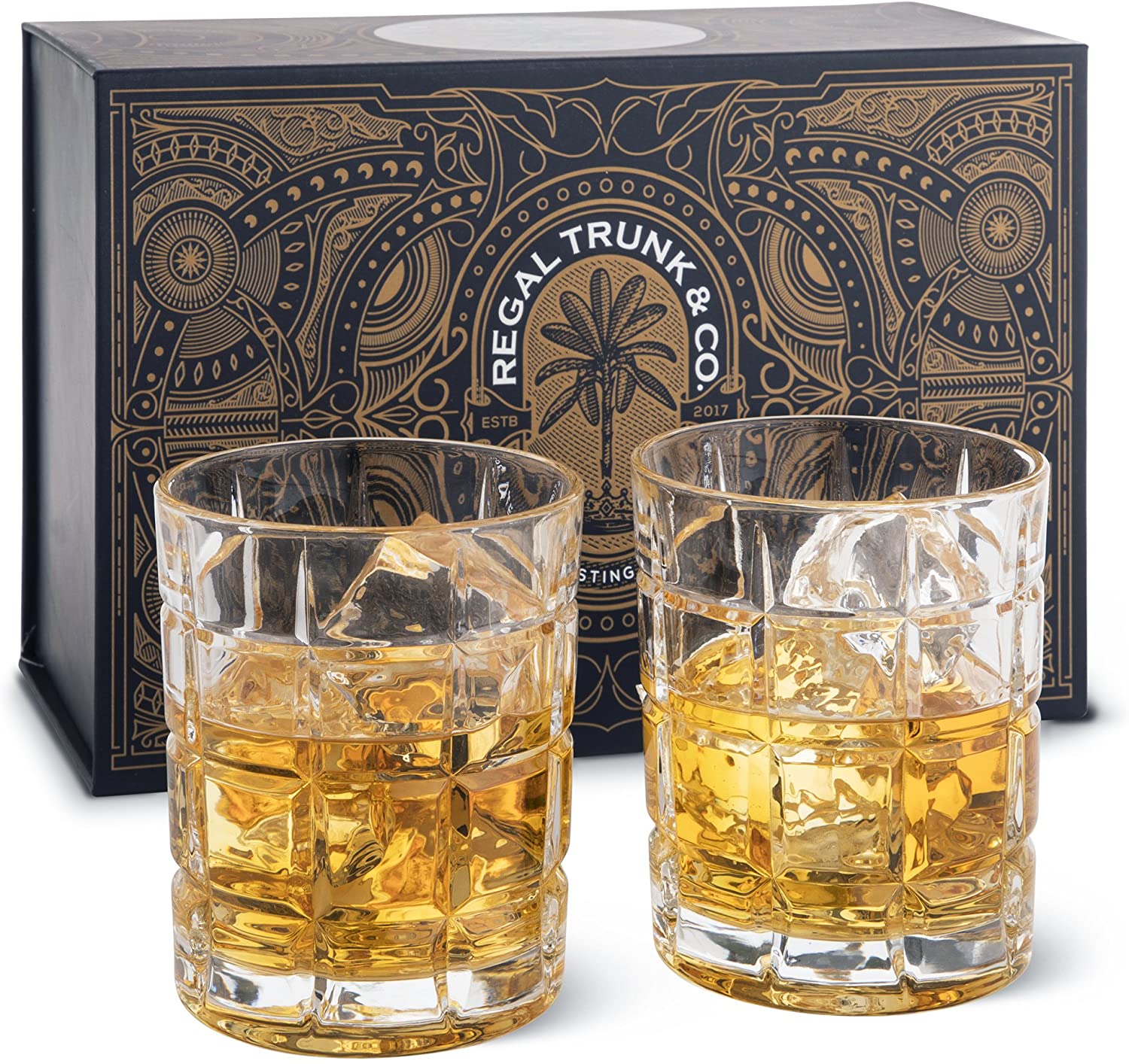 Viski Admiral Heavyweight Bourbon Glasses - Crystal Lowball Etched Cocktail  Glasses, Whiskey Glass Gift Set of 2 - 11 Ounces