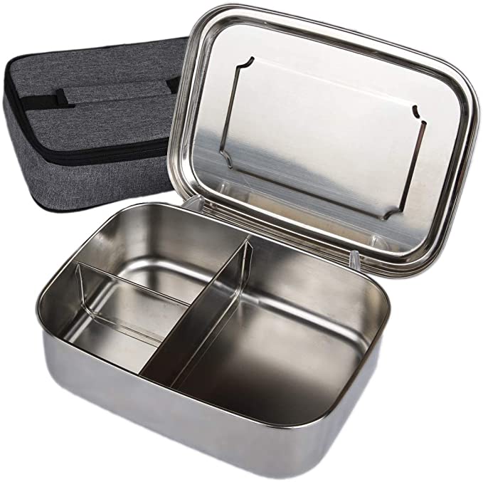 Fits Full Sandwich Women Large Metal Lunch Box for Men 2 Snacks Stainless Steel Bento Box for Kids Adults with BONUS Spoon Top FDA Standard Steel Eco Friendly 3 Section Lunch Container 