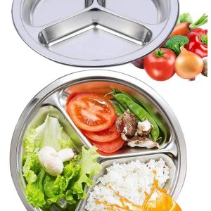 King International 100% Stainless Steel 3 In 1 Three Compartment Divided Dinner Plate Set Of 4 Pieces 